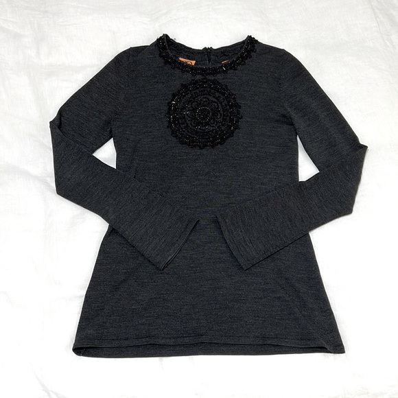 Tory Burch Wool Medallion Beaded Tunic Sweater